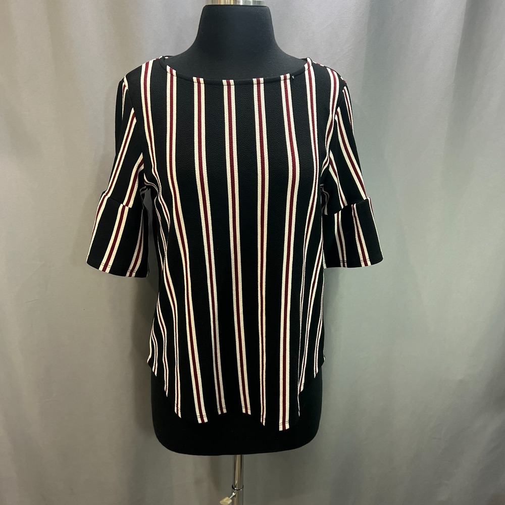 Moa Moa Blouse Top Womens S Black White Striped Stretch Flare Sleeves Curved Hem